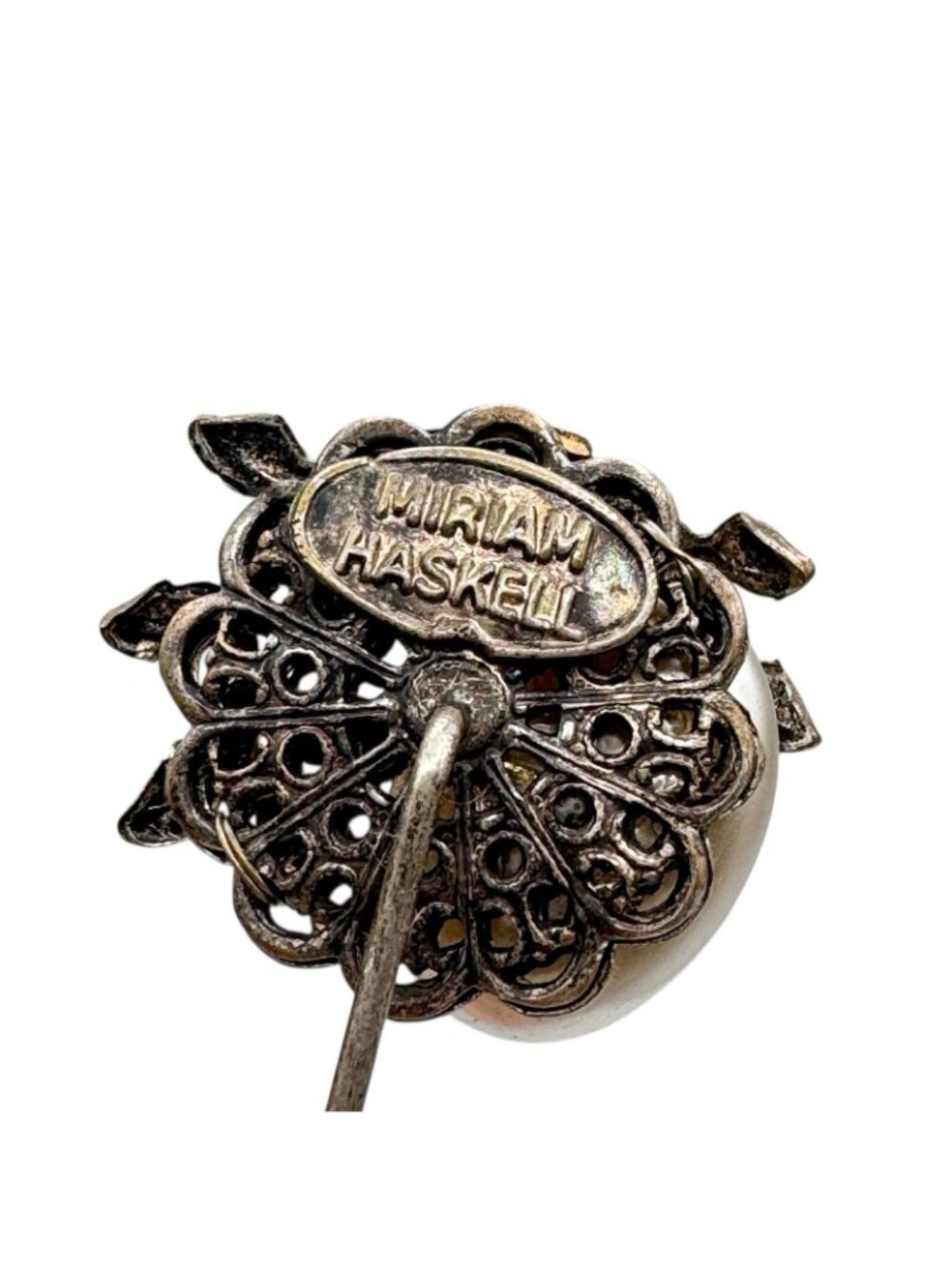 MIRIAM HASKELL vintage signed stick pin antique brass faux baroque pearl flowers - Picture 3 of 11